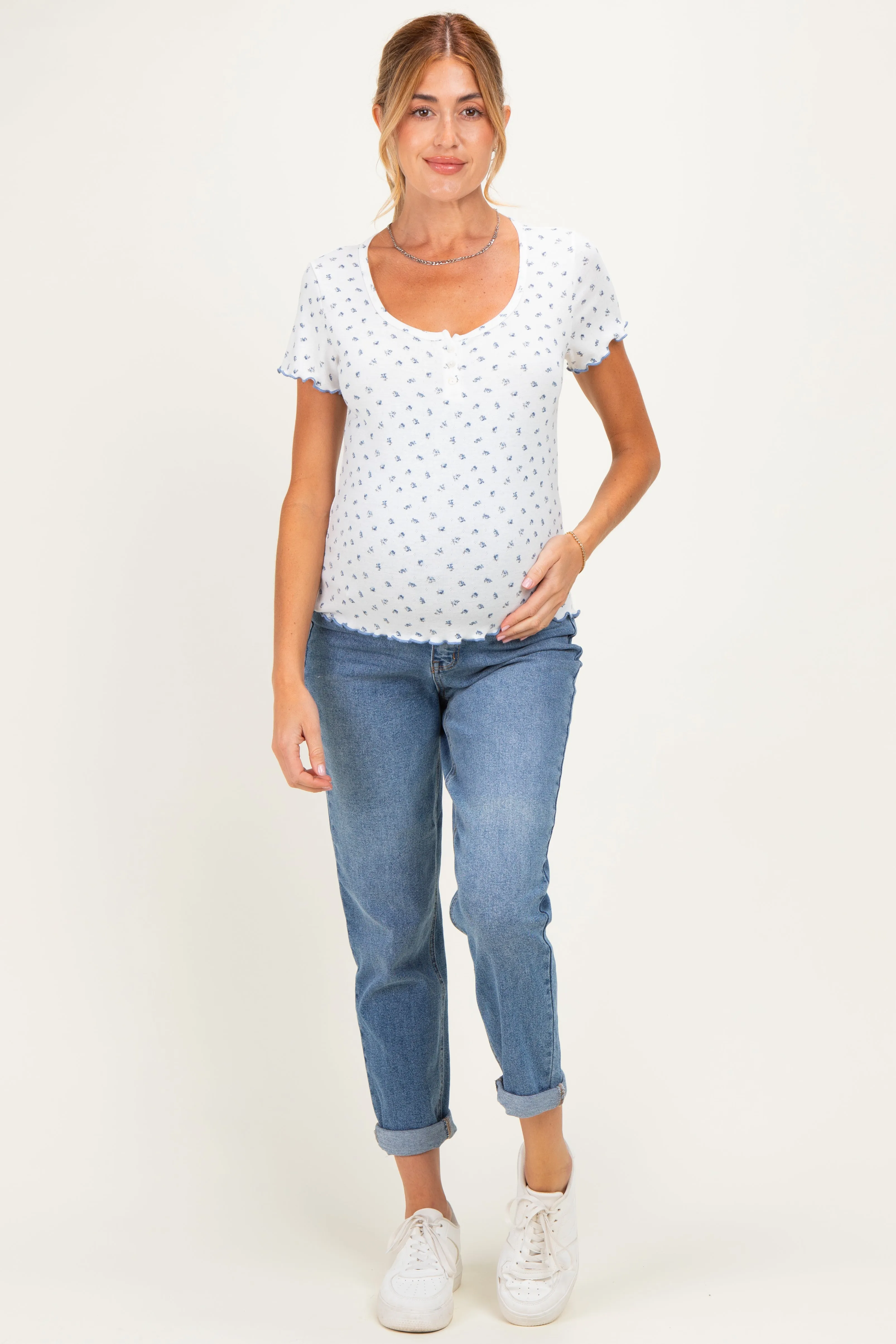 Ivory Blue Ditsy Floral Lettuce Edge Maternity Henley Top sold by Pinkblush product image thumbnail 2