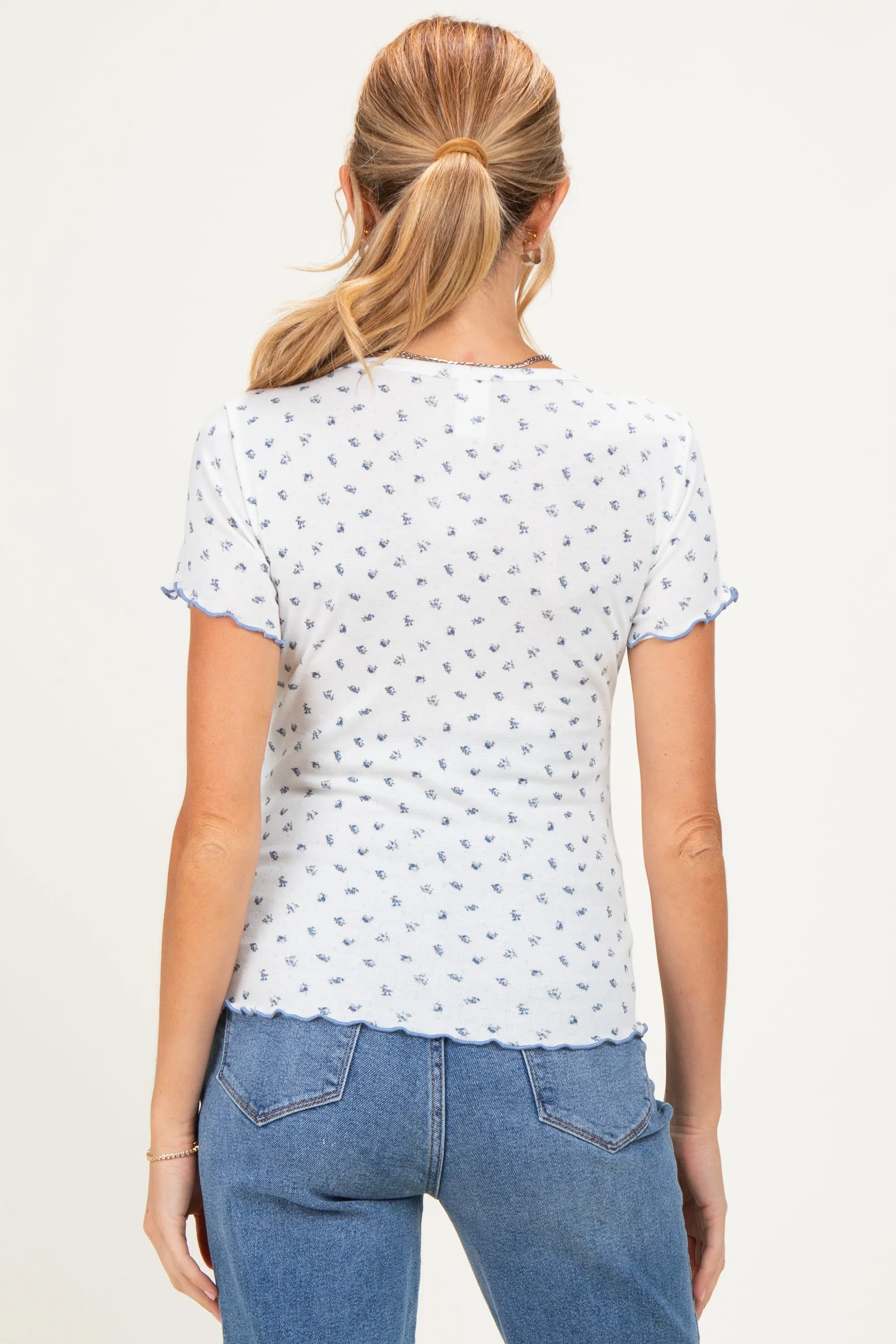 Ivory Blue Ditsy Floral Lettuce Edge Maternity Henley Top sold by Pinkblush product image thumbnail 4