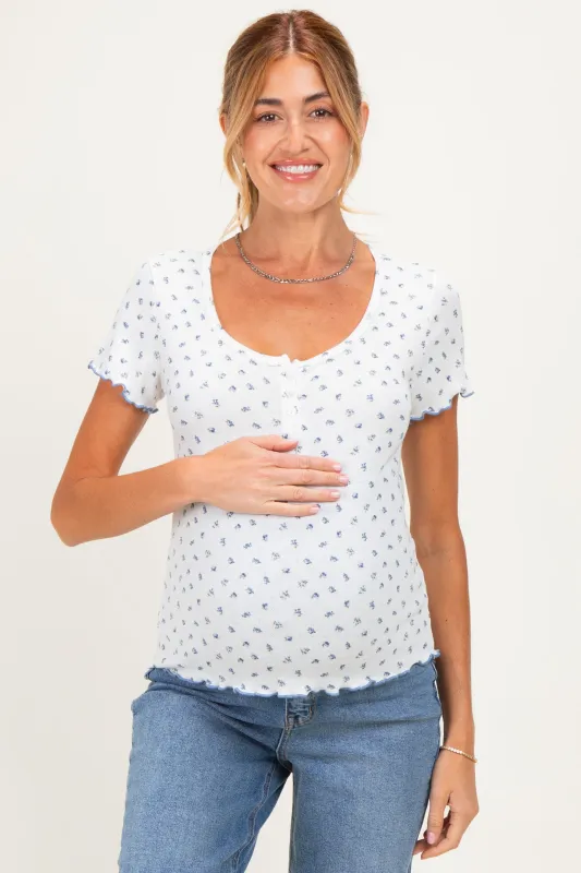 Ivory Blue Ditsy Floral Lettuce Edge Maternity Henley Top made by Pinkblush