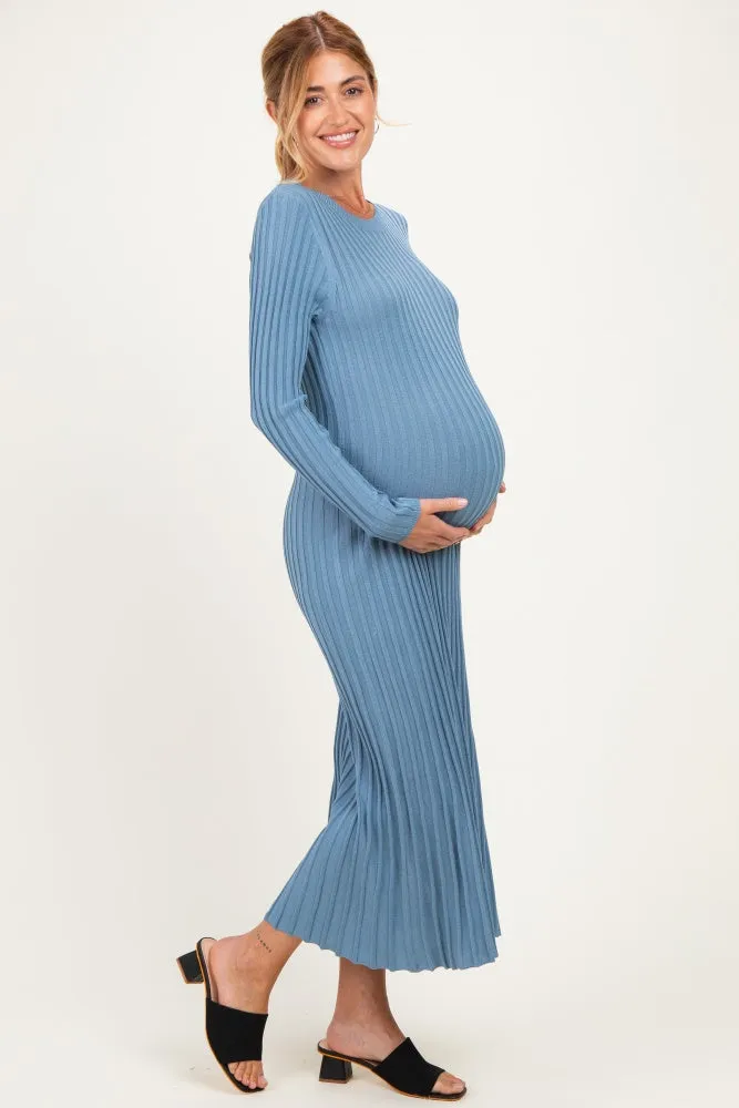 Denim Blue Ribbed Long Sleeve Maternity Sweater Midi Dress sold by Pinkblush product image thumbnail 2