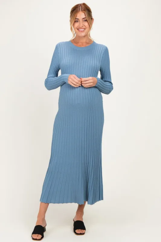 Denim Blue Ribbed Long Sleeve Maternity Sweater Midi Dress made by Able