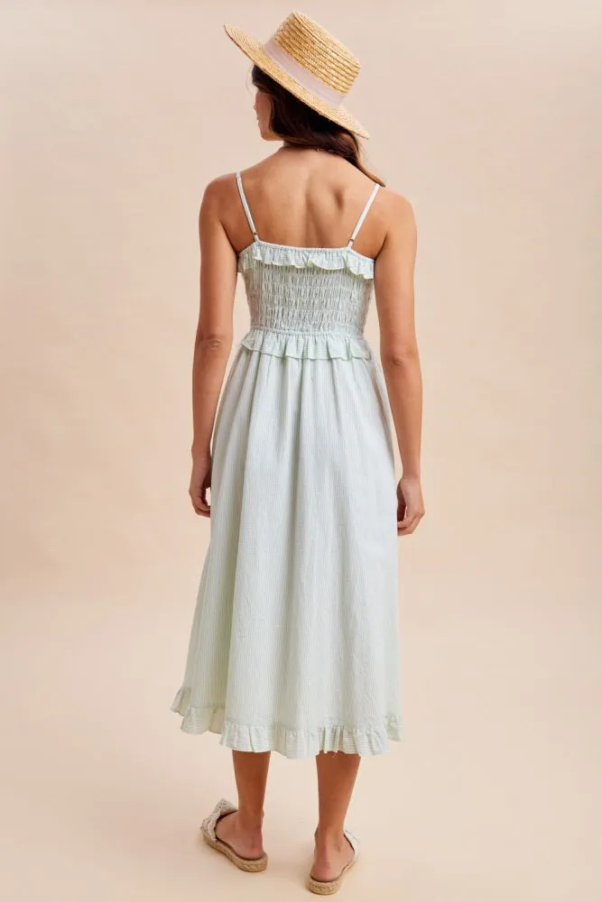 Sage Striped Smocked Ruffle Accent Midi Dress sold by Pinkblush product image thumbnail 4