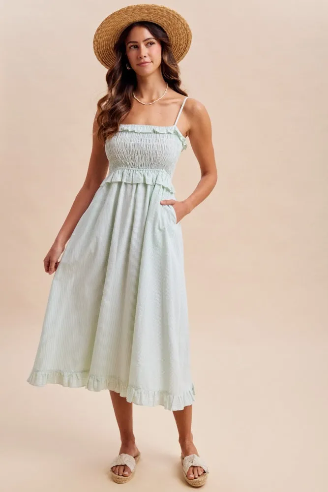 Sage Striped Smocked Ruffle Accent Midi Dress sold by Pinkblush