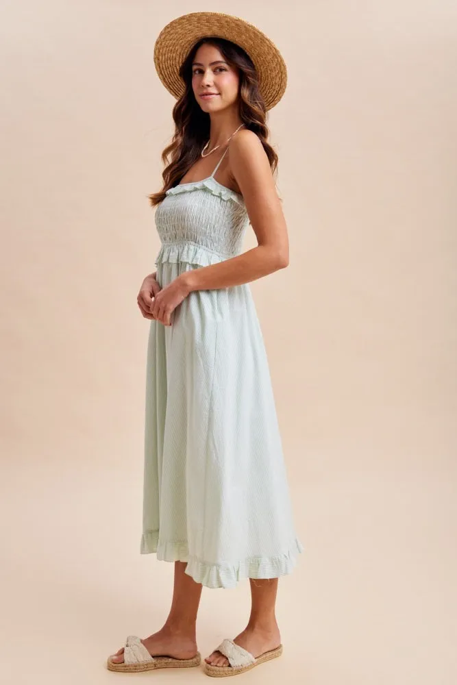 Sage Striped Smocked Ruffle Accent Midi Dress sold by Pinkblush product image thumbnail 2