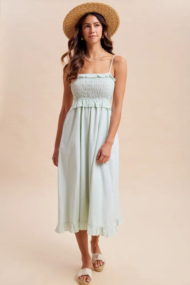 Sage Striped Smocked Ruffle Accent Midi Dress sold by Pinkblush product image thumbnail 3