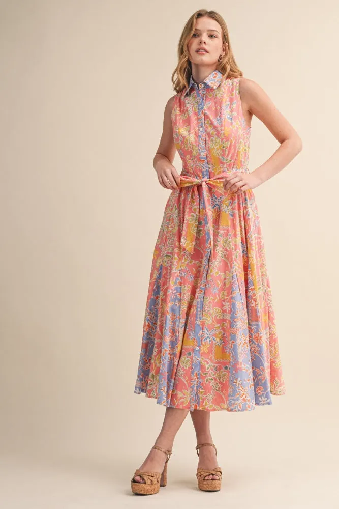 Peach Pink Colorblock Floral Button Down Midi Dress sold by Pinkblush