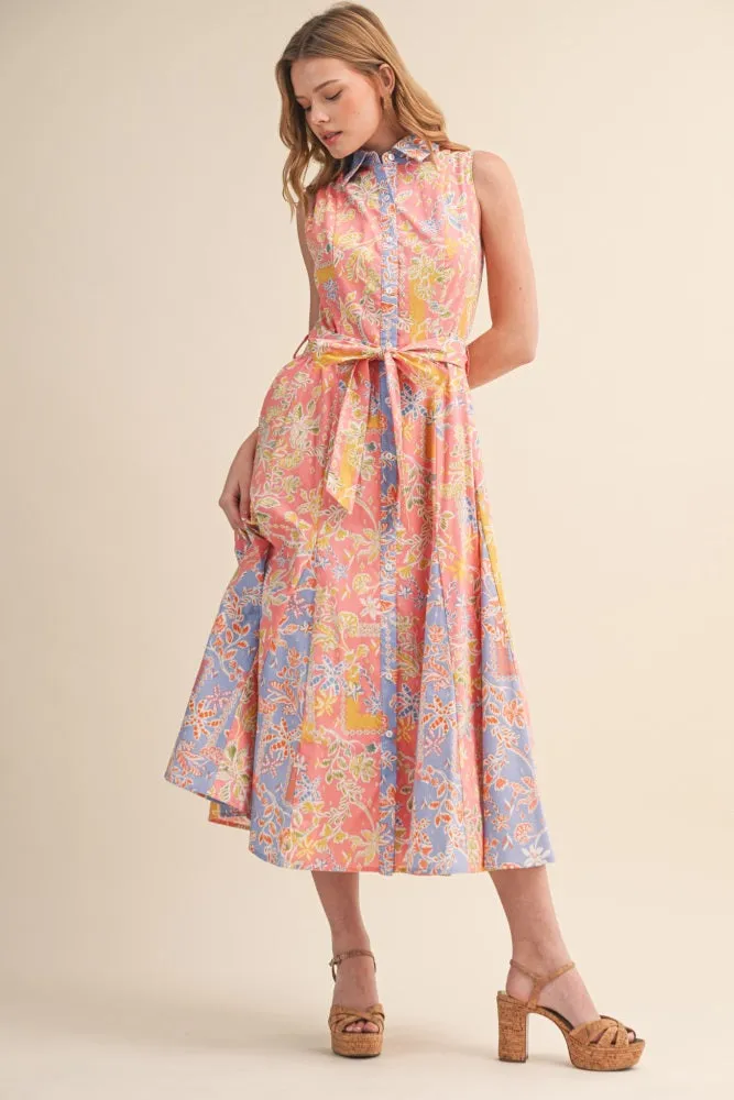 Peach Pink Colorblock Floral Button Down Midi Dress sold by Pinkblush product image thumbnail 2