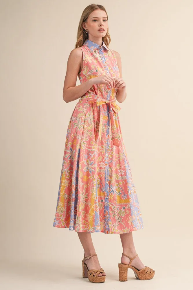 Peach Pink Colorblock Floral Button Down Midi Dress sold by Pinkblush product image thumbnail 3