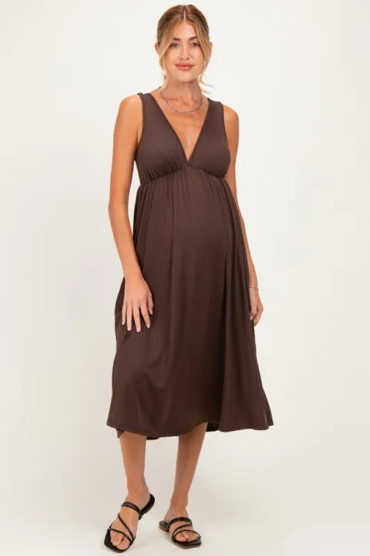 Brown Sleeveless Ribbed Knit A-Line Maternity Midi Dress made by Pinkblush