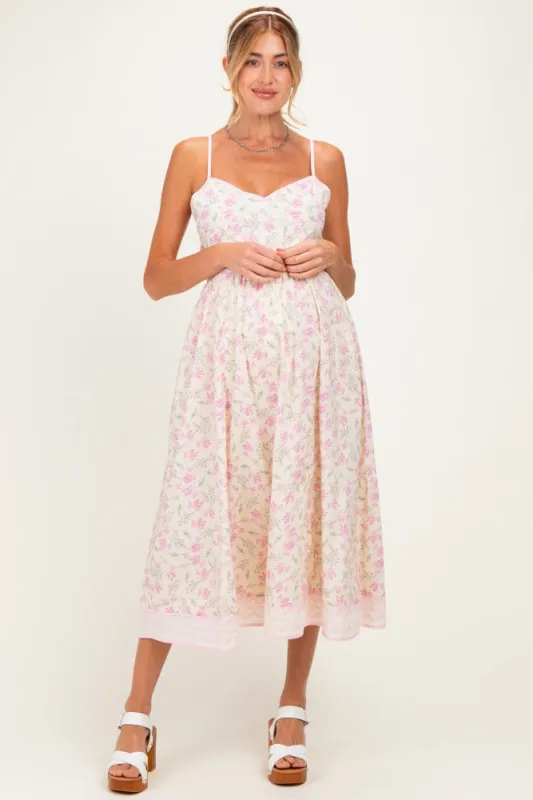 Creme Peony Floral Embroidered Hem Maternity Midi Dress made by Inloom