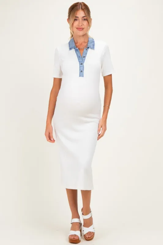Off White Denim Contrast Collar Maternity Knit Midi Dress made by Doe & Rae