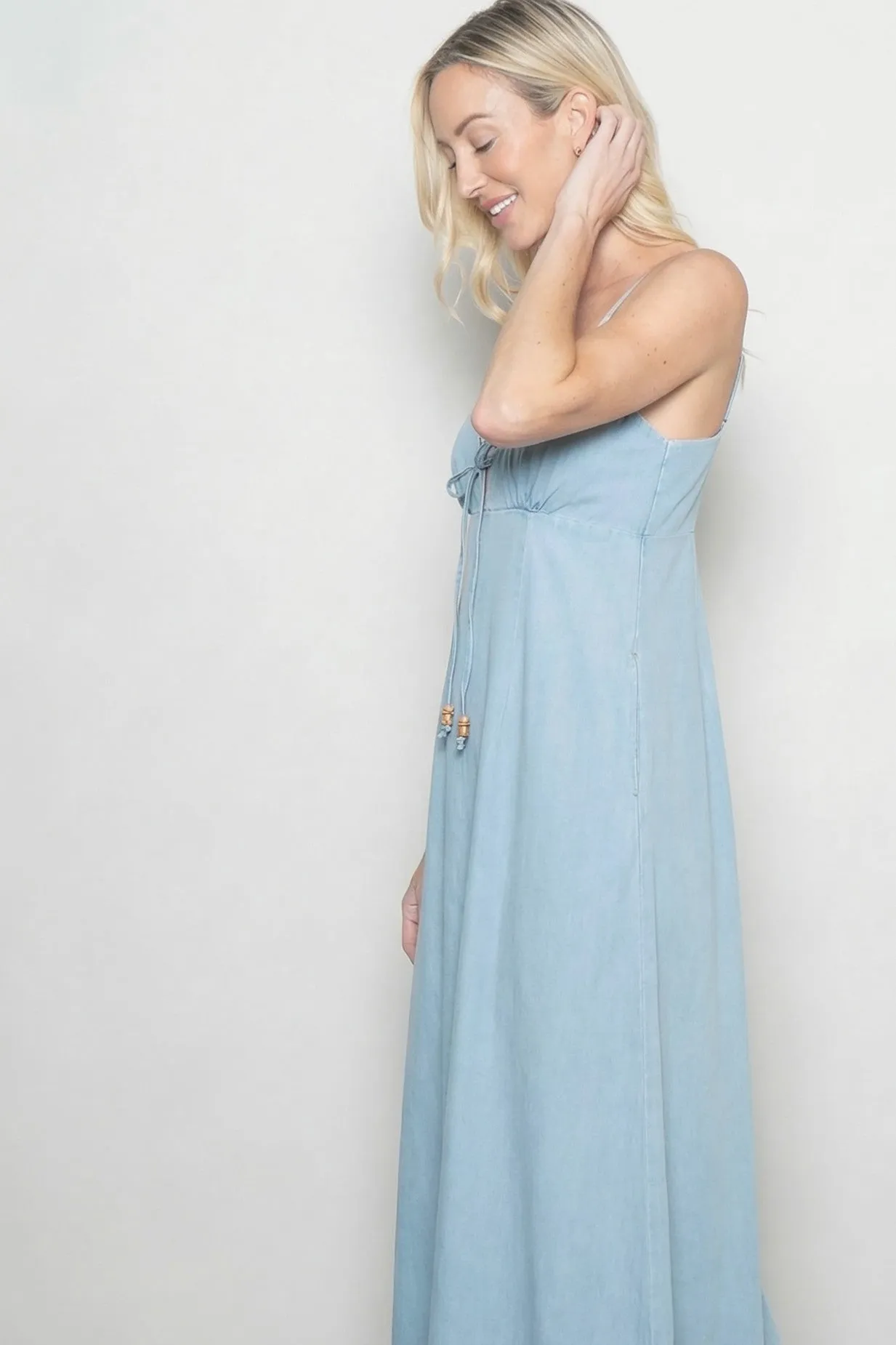 Light Blue Chambray Beaded Front Tie Maxi Dress sold by Pinkblush product image thumbnail 3