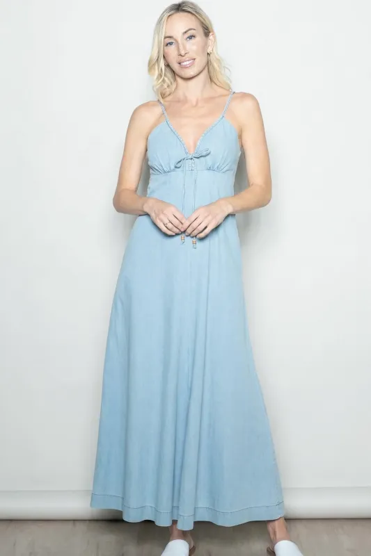 Light Blue Chambray Beaded Front Tie Maxi Dress made by Pinkblush