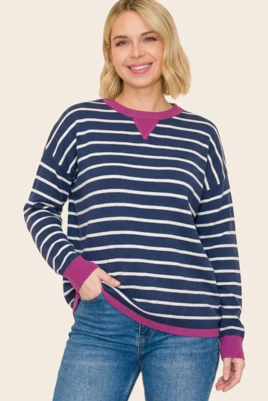 Navy Striped Contrast Trim Sweater made by Staccato