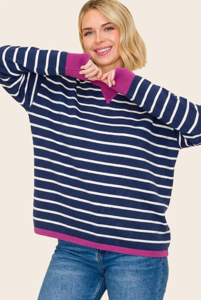 Navy Striped Contrast Trim Sweater sold by Pinkblush product image thumbnail 2