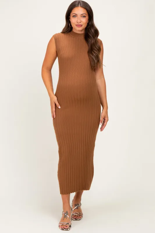 Mocha Ribbed Knit Mock Neck Maternity Maxi Dress made by Able