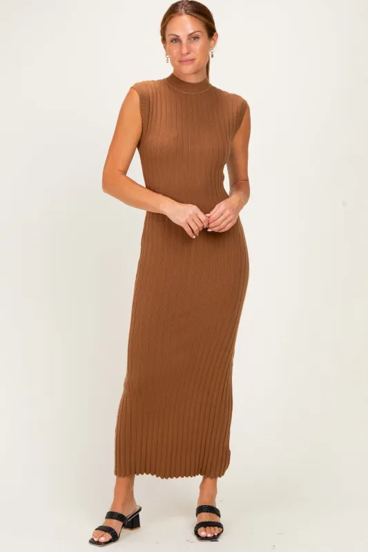 Mocha Ribbed Knit Mock Neck Maxi Dress made by Able