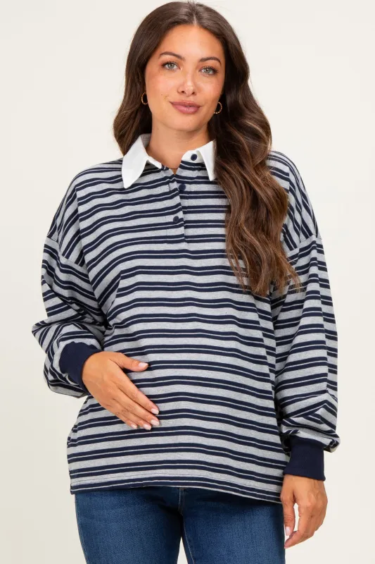 Navy Striped Long Sleeve Collared Oversized Maternity Shirt made by Le Lis