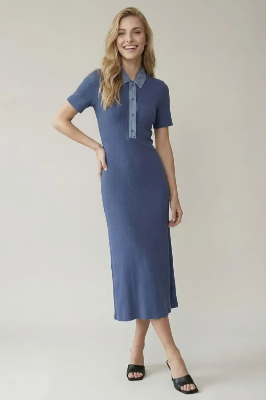 Dusty Navy Denim Contrast Collar Knit Midi Dress made by Doe & Rae