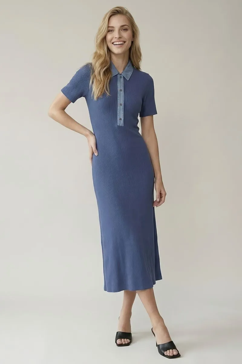 Dusty Navy Denim Contrast Collar Knit Midi Dress sold by Pinkblush