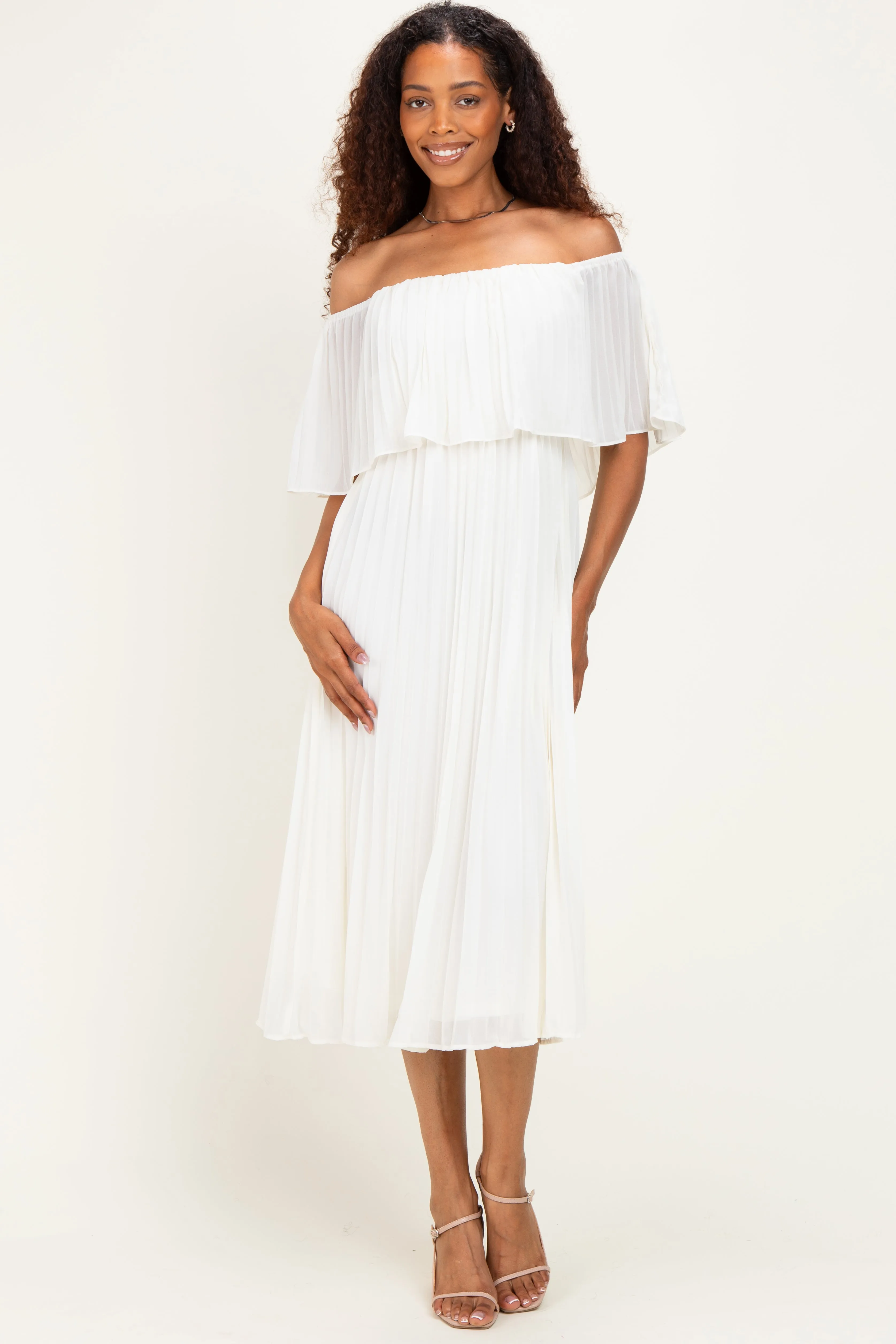 Cream Pleated Off Shoulder Flounce Midi Dress sold by Pinkblush