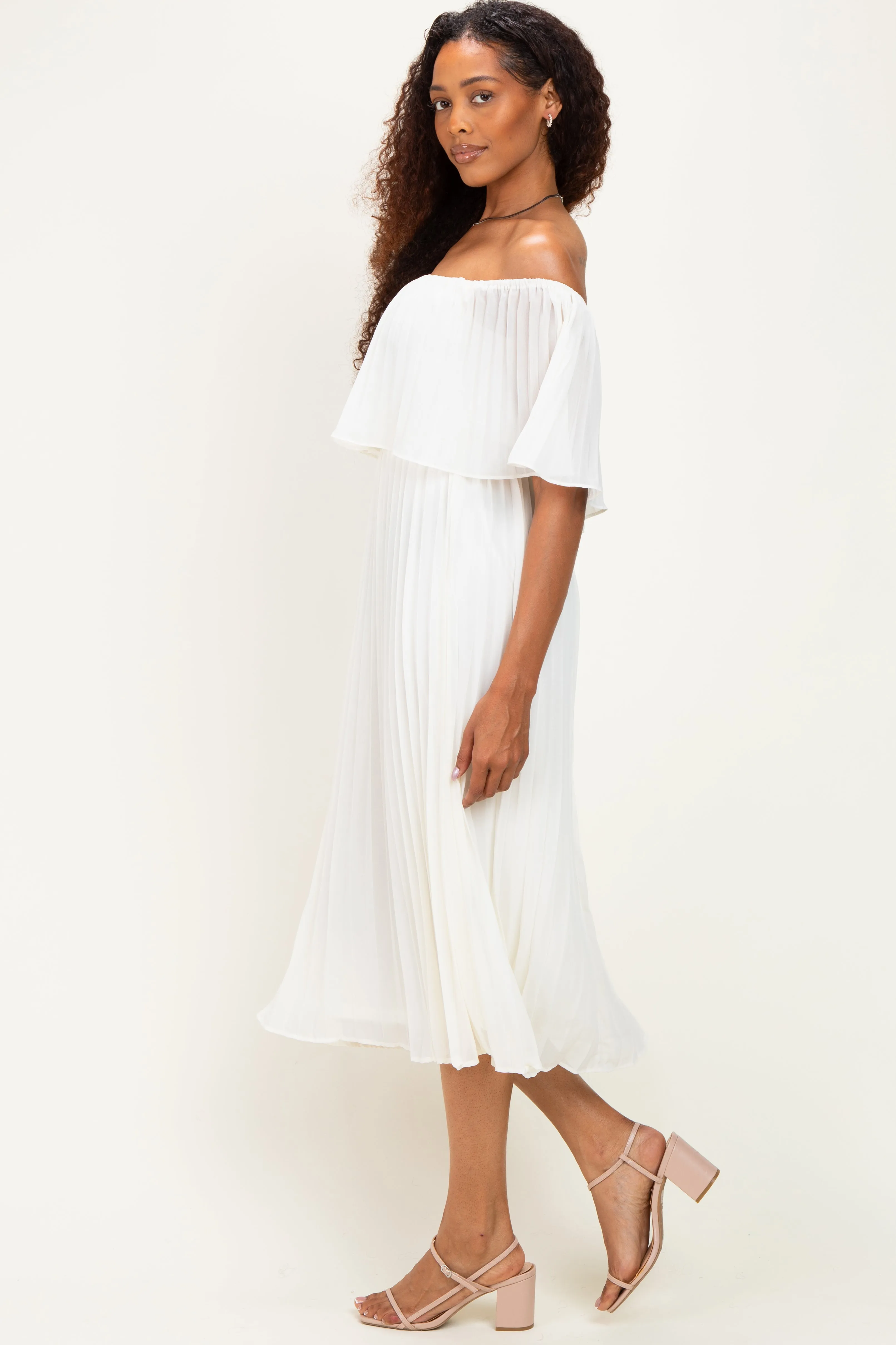 Cream Pleated Off Shoulder Flounce Midi Dress sold by Pinkblush product image thumbnail 2