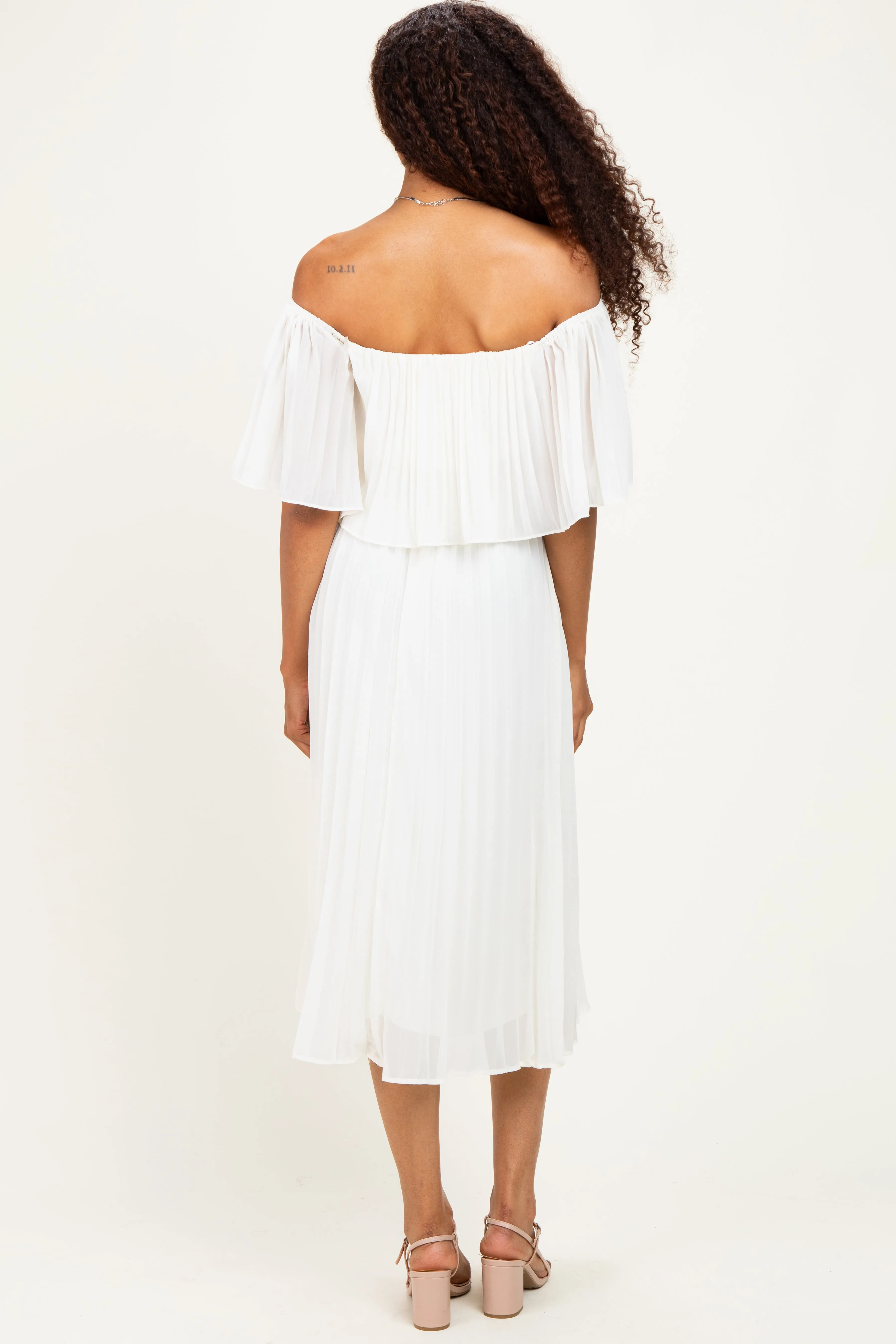 Cream Pleated Off Shoulder Flounce Midi Dress sold by Pinkblush product image thumbnail 3