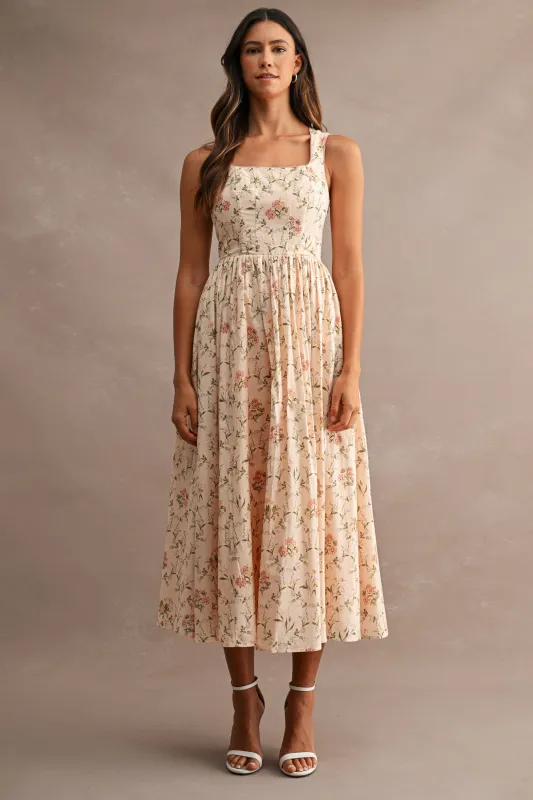 Peach Floral Sleeveless Square Neck Midi Dress made by MABLE