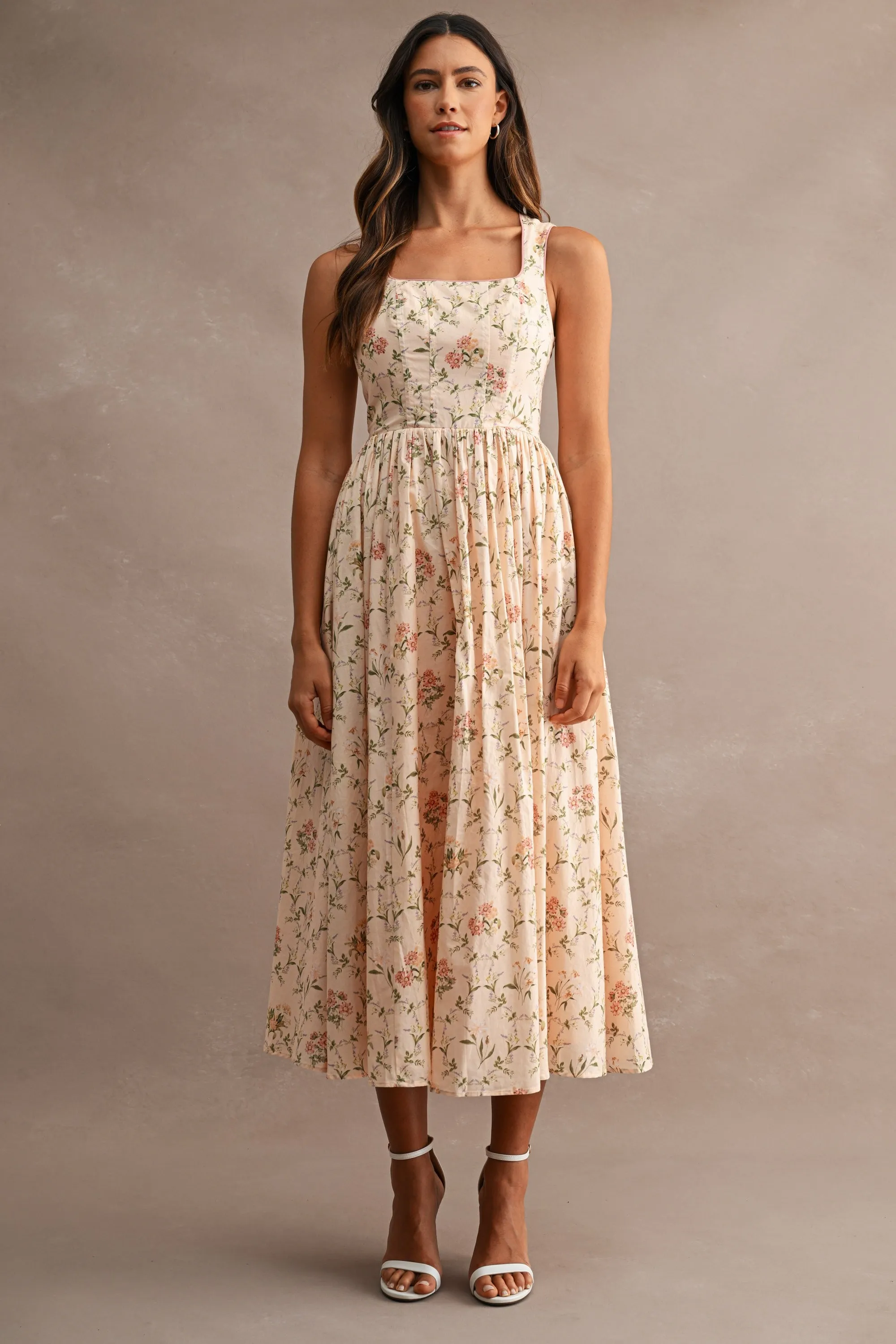 Peach Floral Sleeveless Square Neck Midi Dress sold by Pinkblush