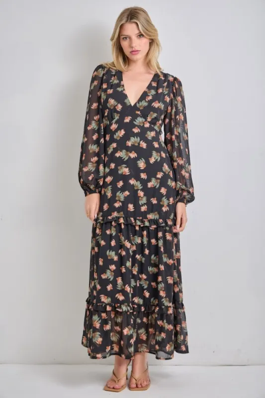 Black Floral Long Sleeve Midi Dress made by BaeVely
