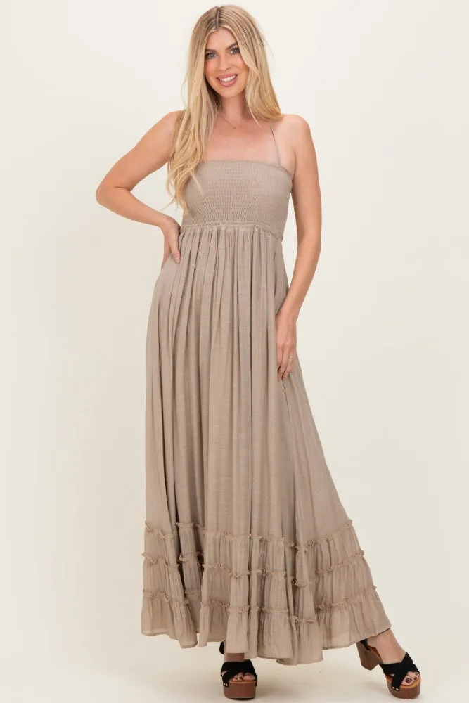 Beige Smocked Halter Open Back Maternity Maxi Dress sold by Pinkblush product image thumbnail 4