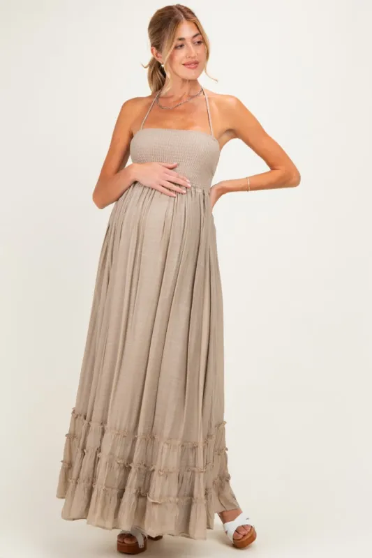 Beige Smocked Halter Open Back Maternity Maxi Dress made by HYFVE