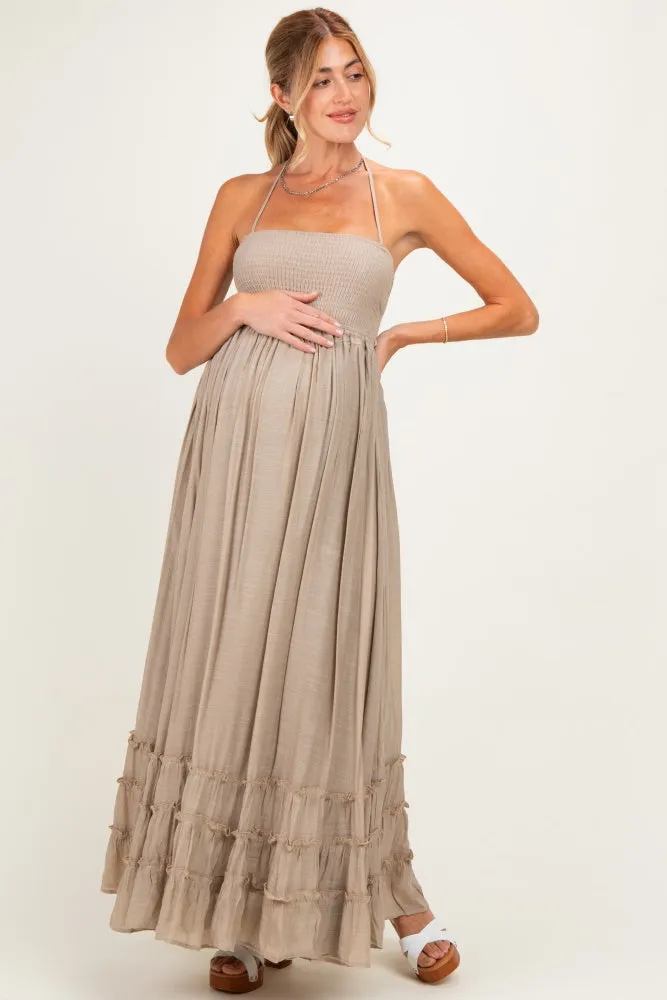 Beige Smocked Halter Open Back Maternity Maxi Dress sold by Pinkblush