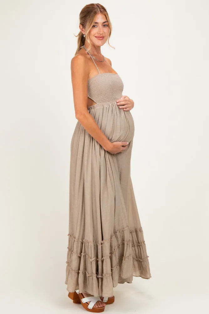 Beige Smocked Halter Open Back Maternity Maxi Dress sold by Pinkblush product image thumbnail 2