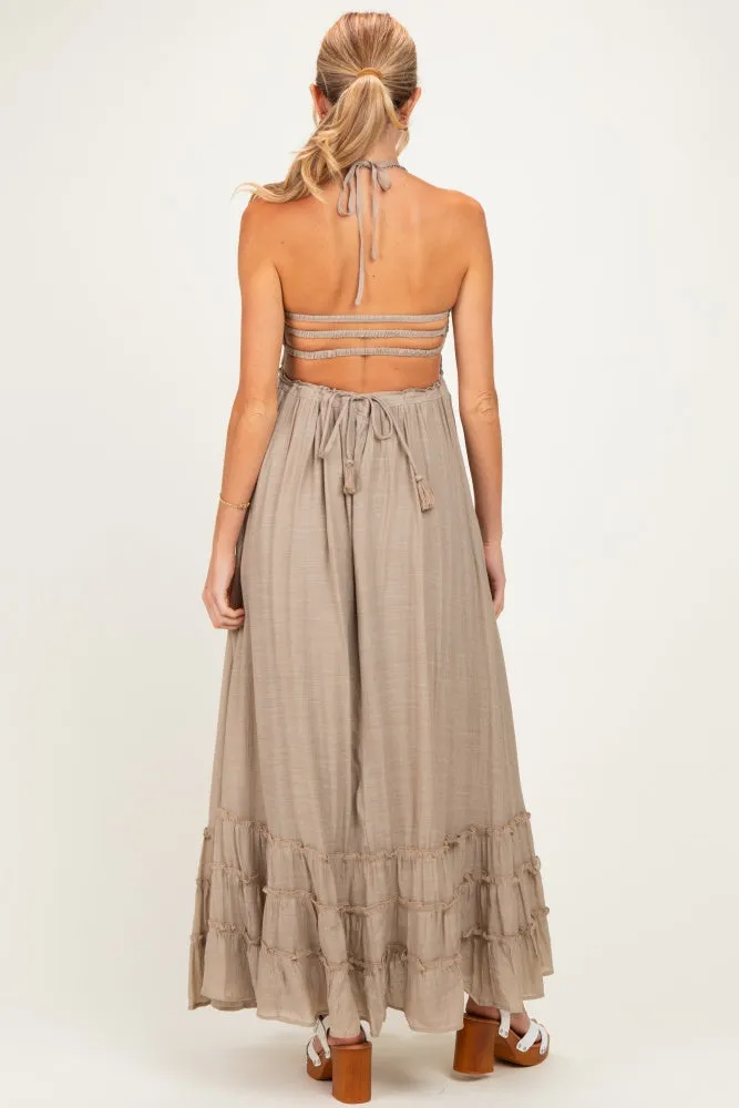 Beige Smocked Halter Open Back Maternity Maxi Dress sold by Pinkblush product image thumbnail 3
