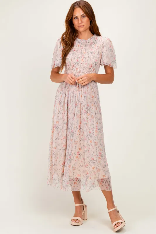 Cream Floral Smocked Midi Dress made by Pinkblush