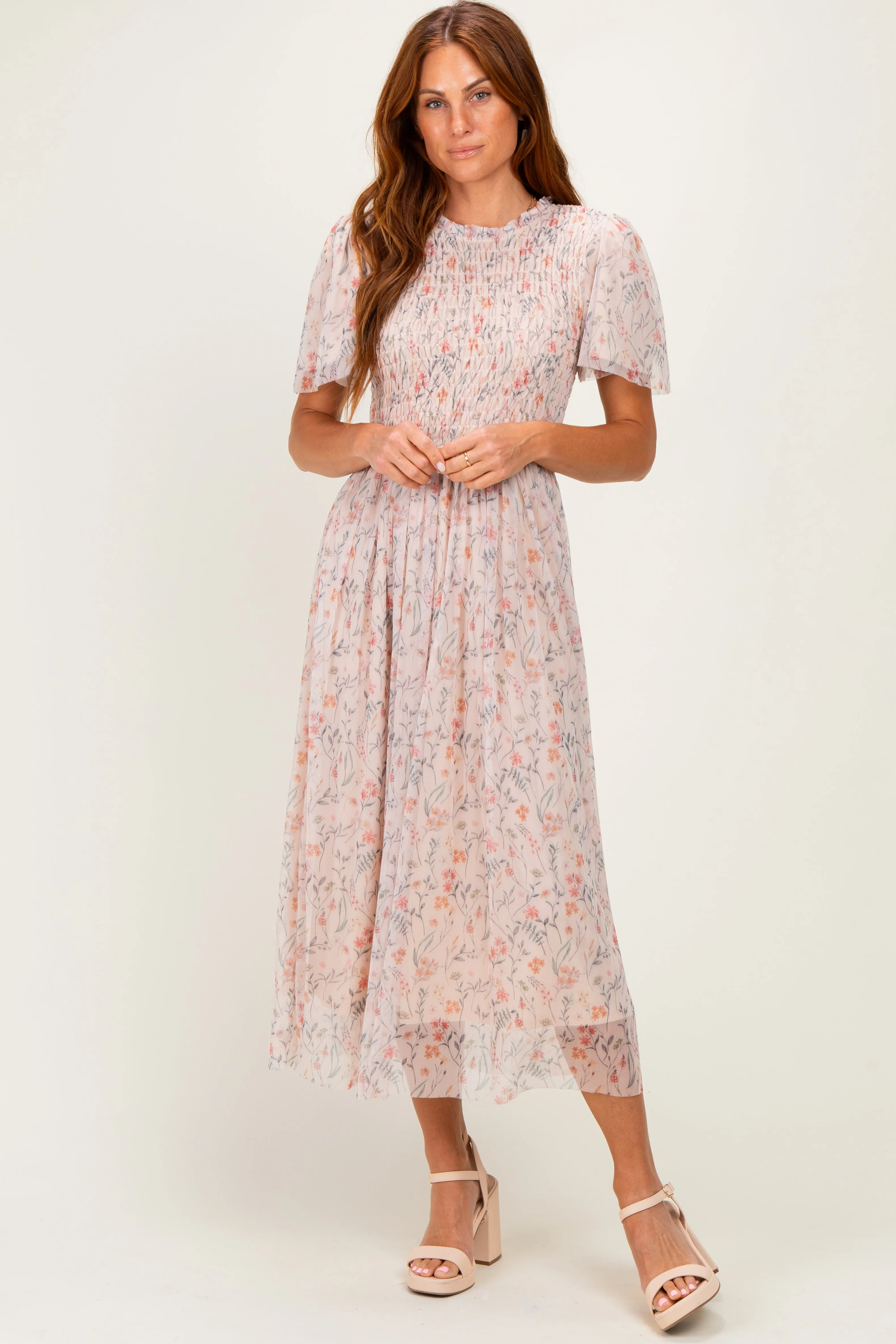 Cream Floral Smocked Midi Dress sold by Pinkblush