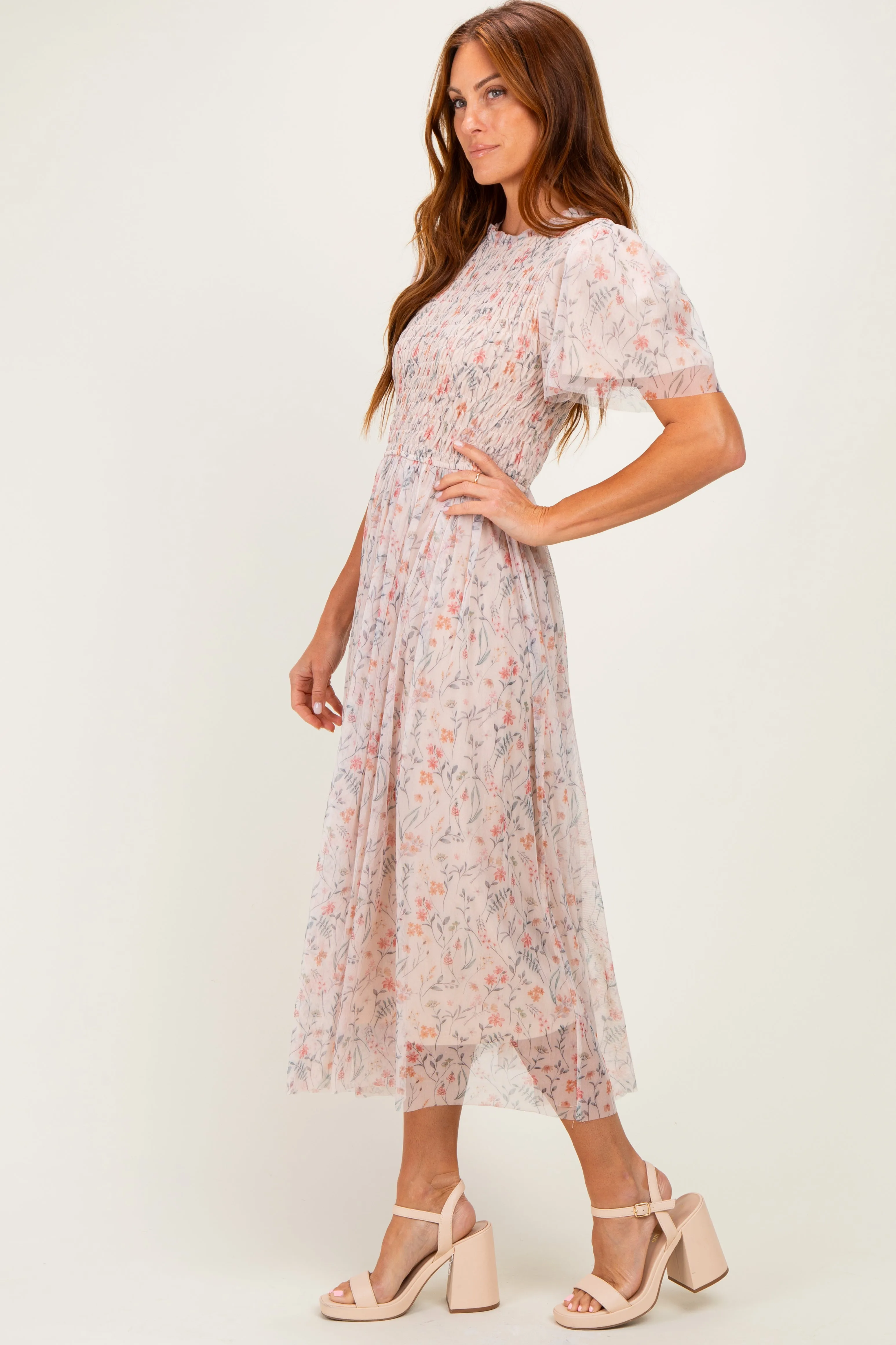 Cream Floral Smocked Midi Dress sold by Pinkblush product image thumbnail 2