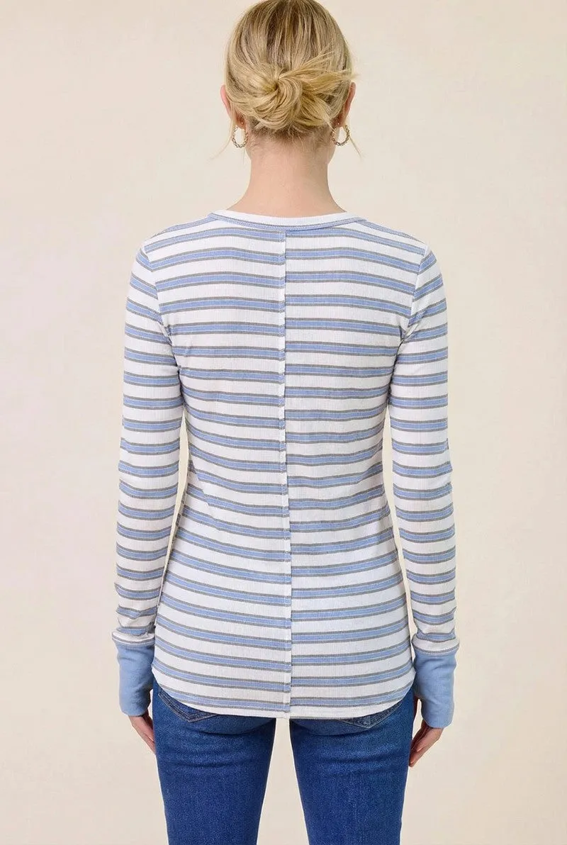Blue Striped Rib Long Sleeve Fitted Top sold by Pinkblush product image thumbnail 3