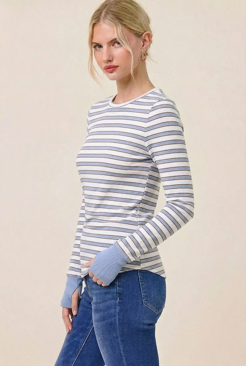 Blue Striped Rib Long Sleeve Fitted Top sold by Pinkblush