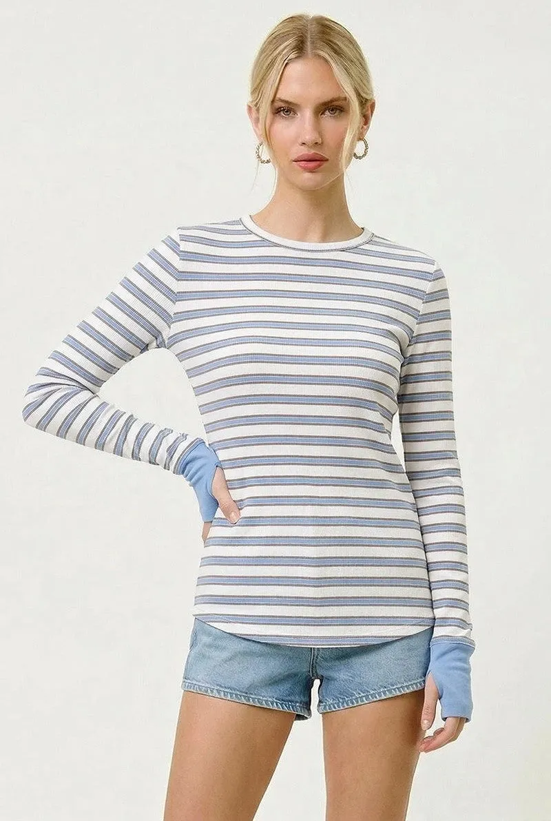 Blue Striped Rib Long Sleeve Fitted Top sold by Pinkblush product image thumbnail 2