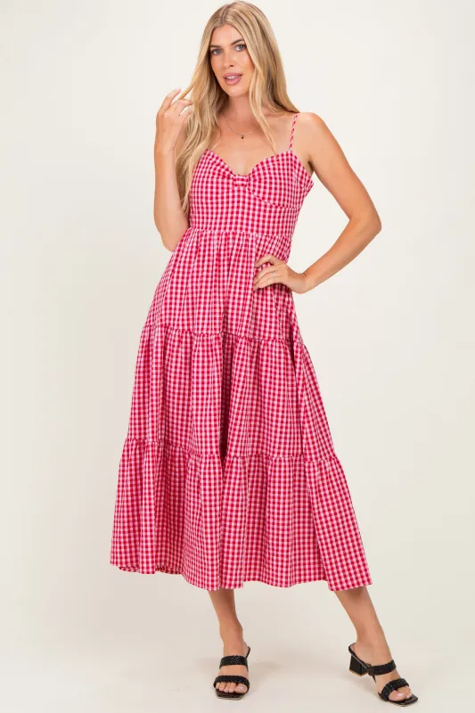 Red Gingham Cutout Tie Back Tiered Maxi Dress made by Lovely Day