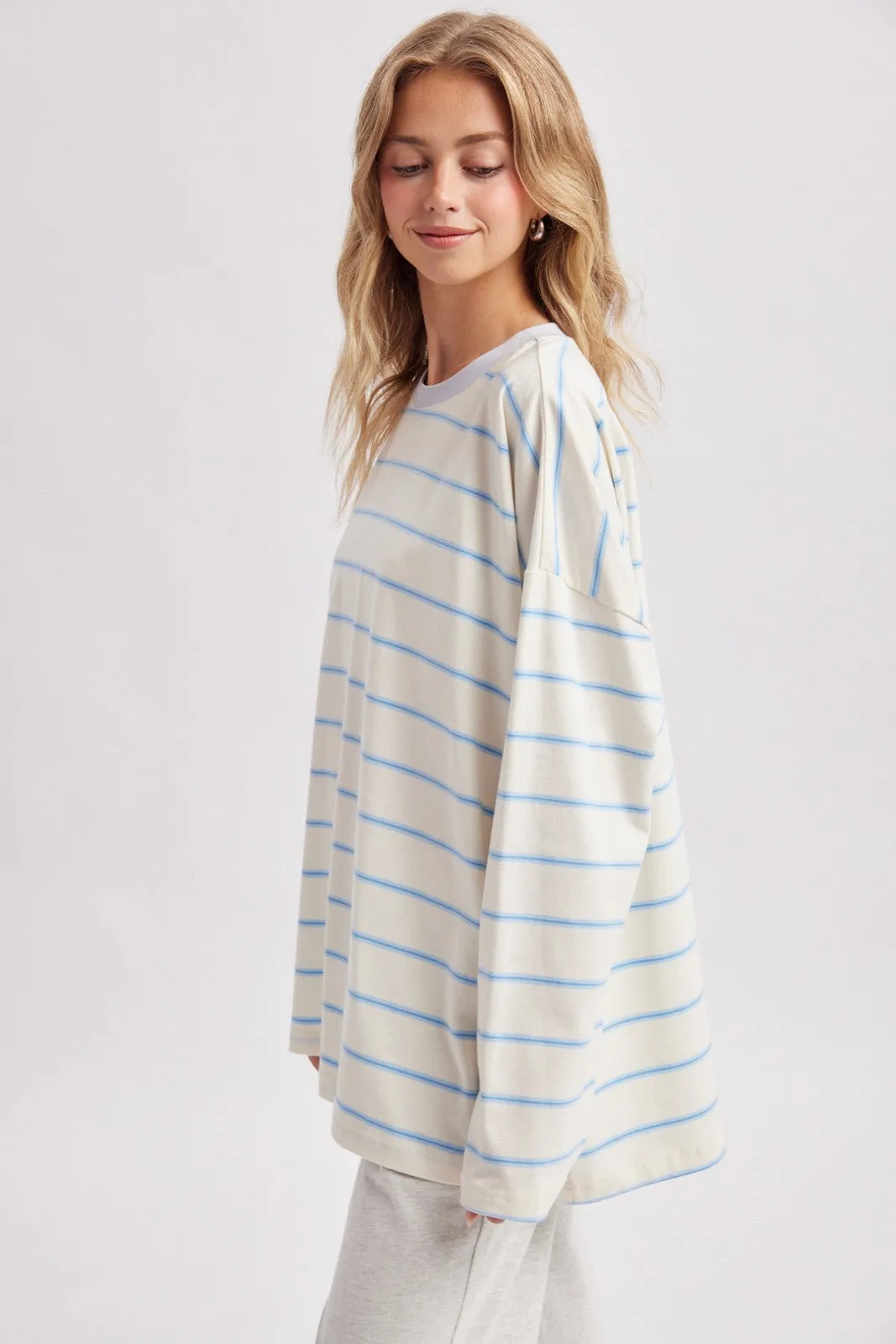 Light Blue Striped Oversized Long Sleeve Top sold by Pinkblush product image thumbnail 2
