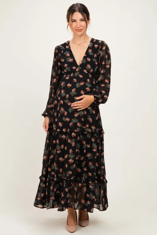 Black Floral Long Sleeve Maternity Midi Dress made by BaeVely