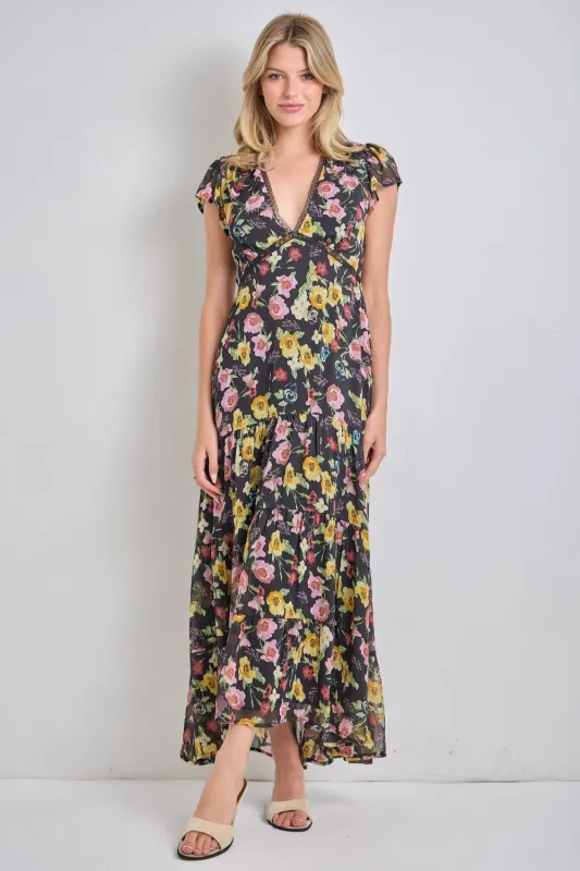 Black Multi Floral Chiffon V Neck Midi Dress made by BaeVely