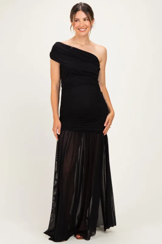 Black Ruched Mesh One Shoulder Maternity Maxi Dress made by cameo