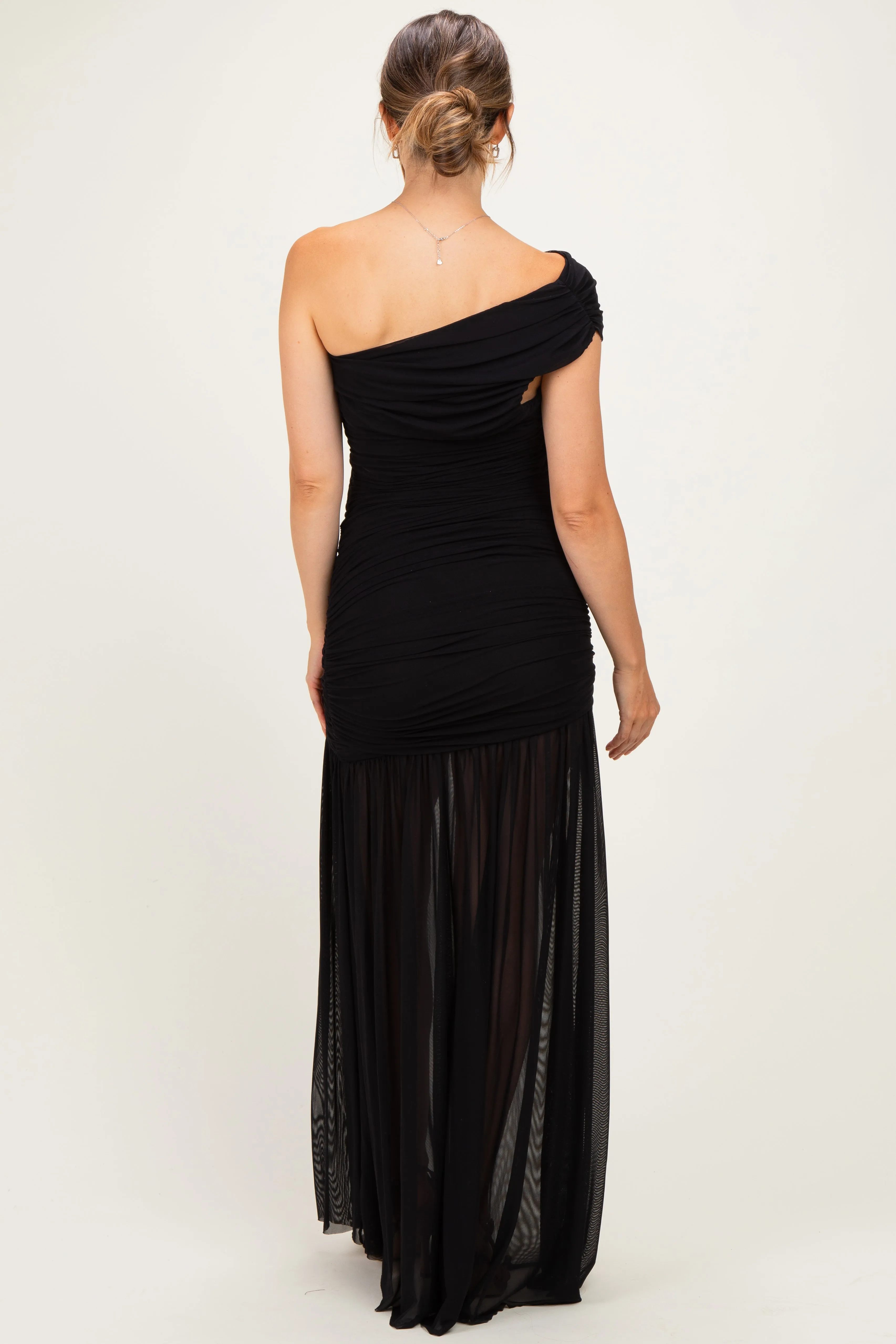 Black Ruched Mesh One Shoulder Maternity Maxi Dress sold by Pinkblush product image thumbnail 2
