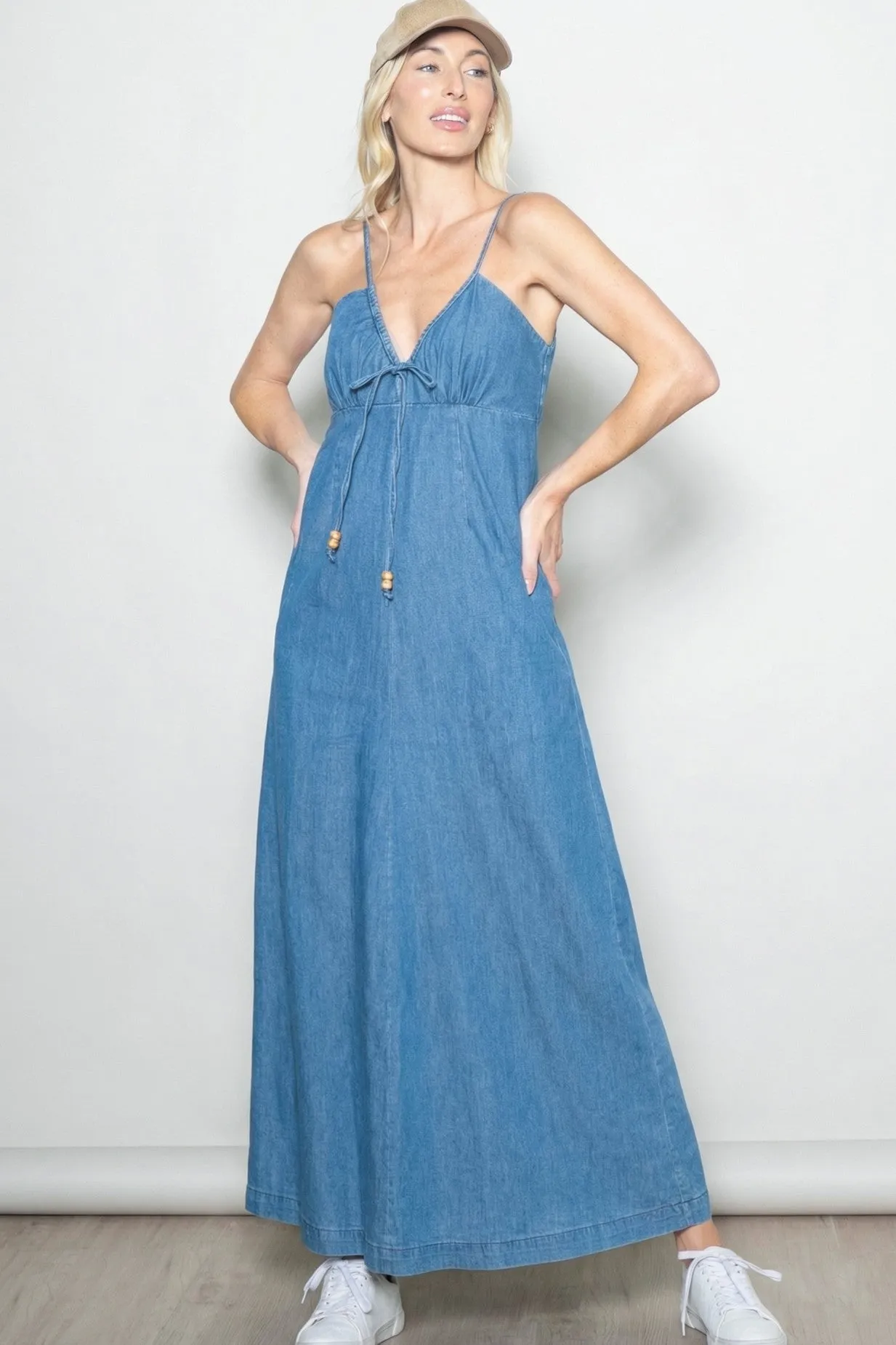 Light Navy Chambray Beaded Front Tie Maxi Dress sold by Pinkblush product image thumbnail 2