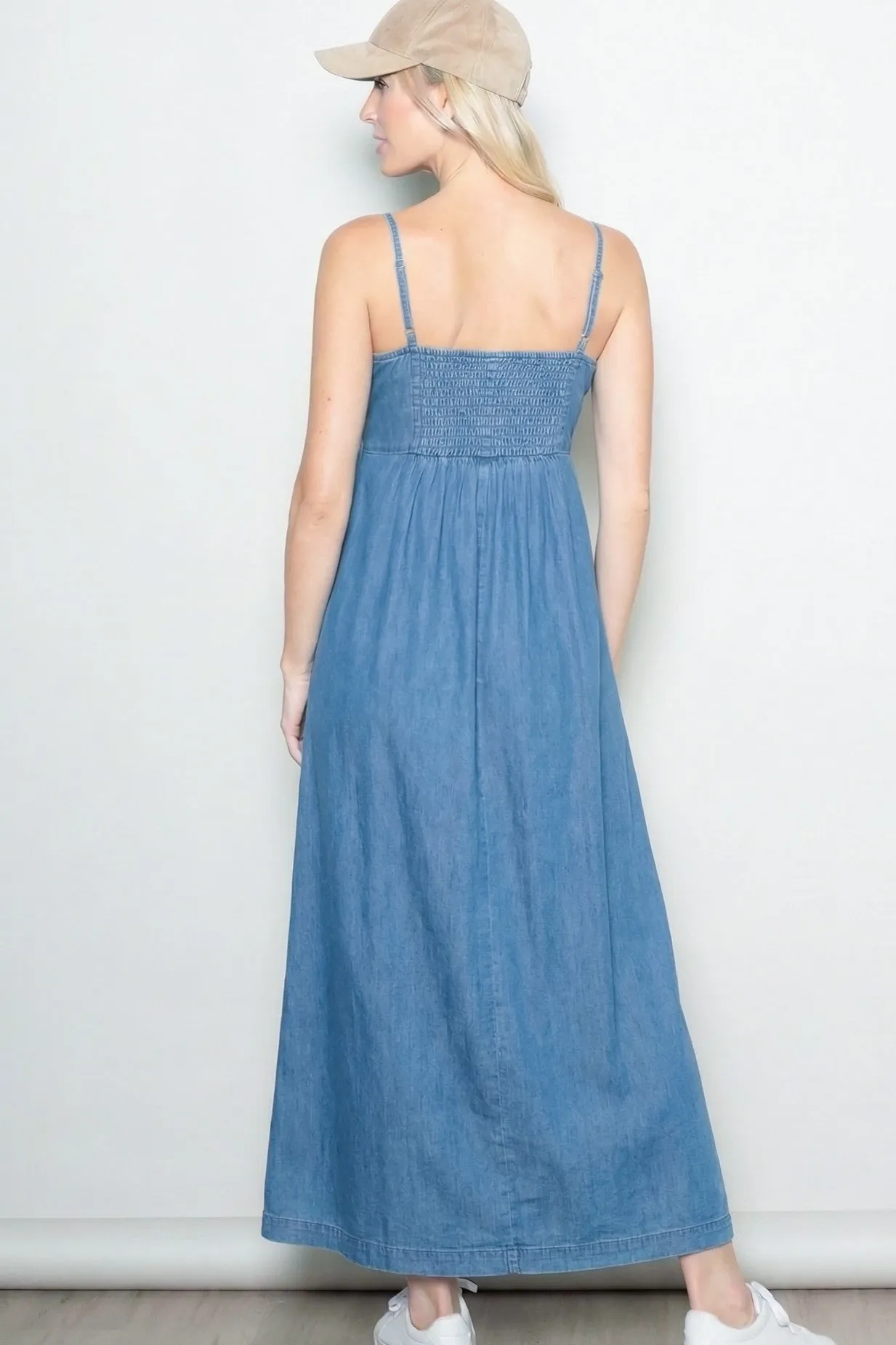 Light Navy Chambray Beaded Front Tie Maxi Dress sold by Pinkblush product image thumbnail 3