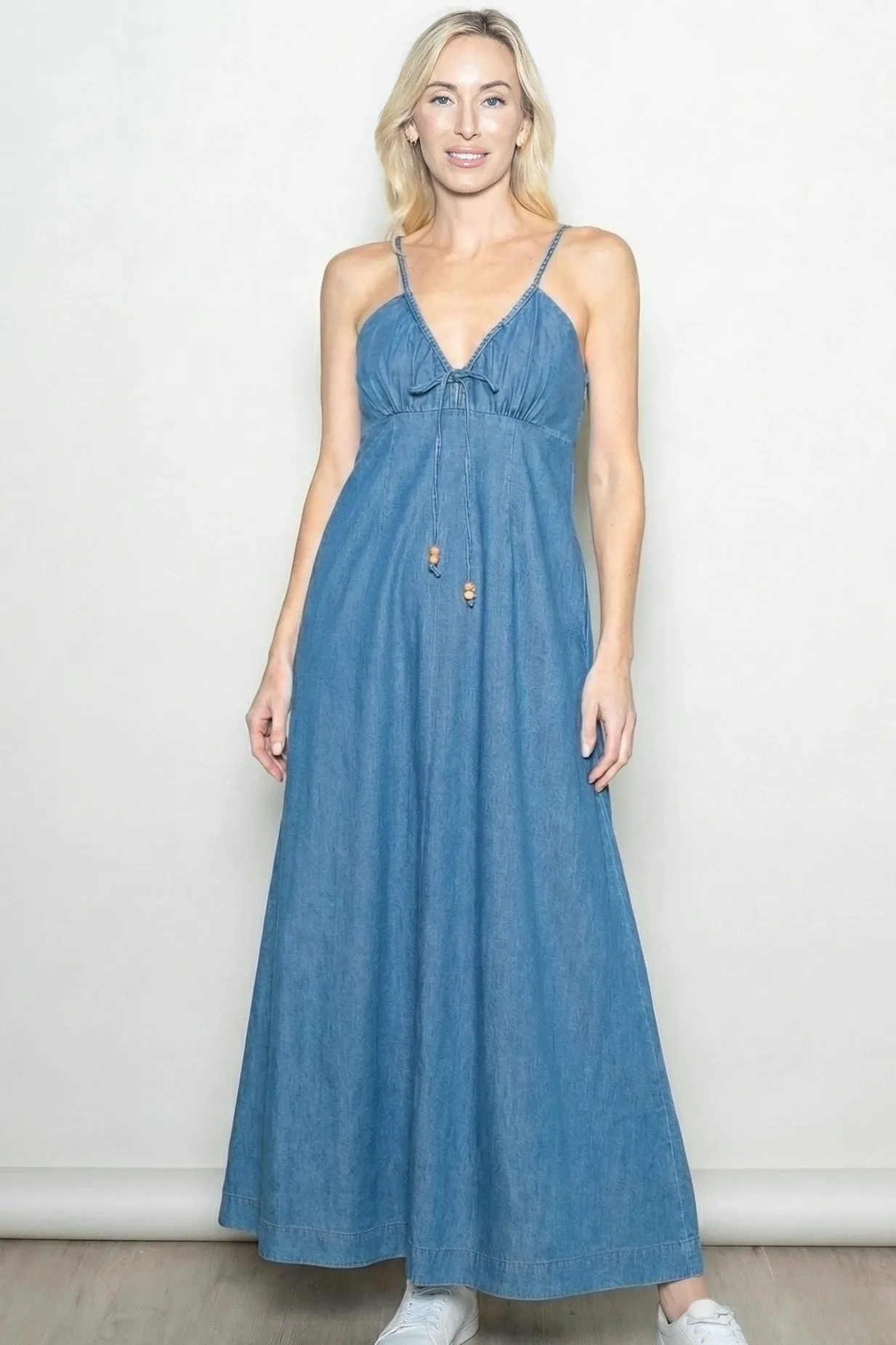 Light Navy Chambray Beaded Front Tie Maxi Dress sold by Pinkblush